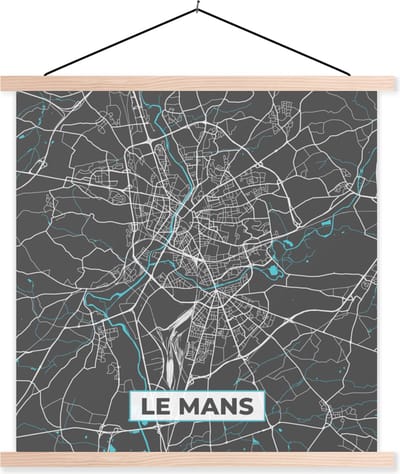 Posterhanger incl. Poster 40x40 cm - Schoolplaat - Frankrijk - Plattegrond - Kaart - Stadskaart - Le Mans - Textielposter - Blanke latten - Stadskaart