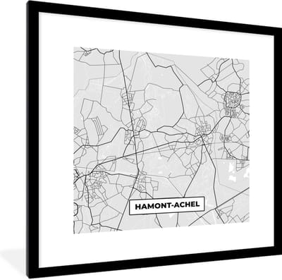 Fotolijst incl. Poster Zwart Wit- Kaart – Plattegrond – Stadskaart – Hamont Achel – België – Zwart Wit - 40x40 cm - Posterlijst