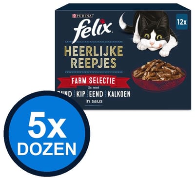 5x Felix - Heerlijke Reepjes In Saus Farm Selectie Multipack - Kattenvoer Natvoer - 960 g