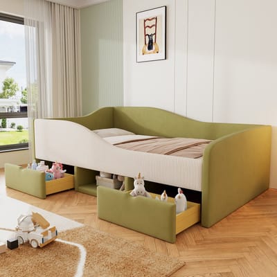 VVBV Slaapbank 90x190 cm met 2 Lades, Lades - Fluweel Wit/Beige - Zonder Matras