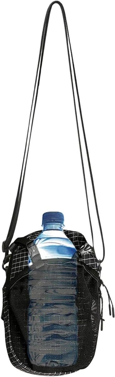 Flessentas met band - Flessenhouder draagband - Fles meenemen - Veilige koordsluiting - 11 x 3 x 19 cm - Zwart