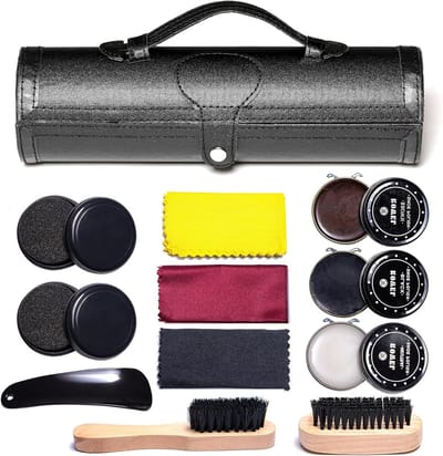 Schoenpoetsset voor Leer met Borstel en Reisdoos - Luxe Premium Heren- en Damesverzorging, Inclusief Houten Applicator en Schoenlepel, 12-delige Set voor Bruin en Zwart Leer