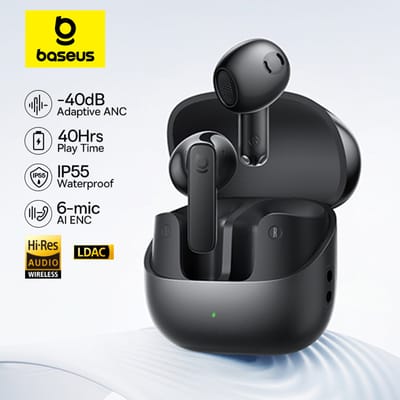 Baseus Bass BS1 NC -40dB Realtime Adaptive ANC Draadloze oordopjes Bluetooth 6.0 Semi-open oortelefoon LDAC Hi-Res Audio 6-Mic AI ENC White