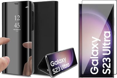 Hoesje geschikt voor Samsung Galaxy S23 Ultra - Screen Protector FullGuard - Book Case Spiegel Zwart & Screenprotector