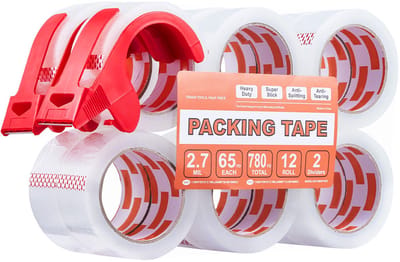 Verpakkingstape Transparant, 3-inch kern, 12 rollen 1,88 inch x 65 yard, 2,7 mil heavy duty verpakkingstape met dispenser