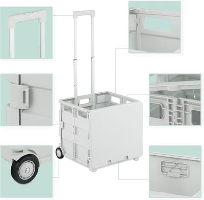 Famanu - Boodschappentrolley, opvouwbaar, met wielen, deksel, telescopische handgreep, tot 35 kg, vouwkrat, wit