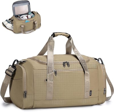 Sporttas voor Reizen met Schoencompartiment en Waterdichte Zak - Weekender Tas voor Mannen en Vrouwen met Geïsoleerde Vakken - Fitness Bag en Handbagage voor Training en Outdoor Activiteiten, 32L, Khaki