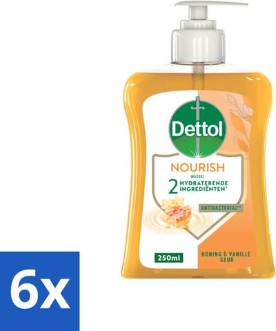 6 x Dettol - Handzeep - Nourish - Honing & Vanille - 250 ml - Antibacteriële Handzeep - Handzeep Met Honing - Handzeep Met Vanille - Verzorgende Handzeep - Manuka Honing