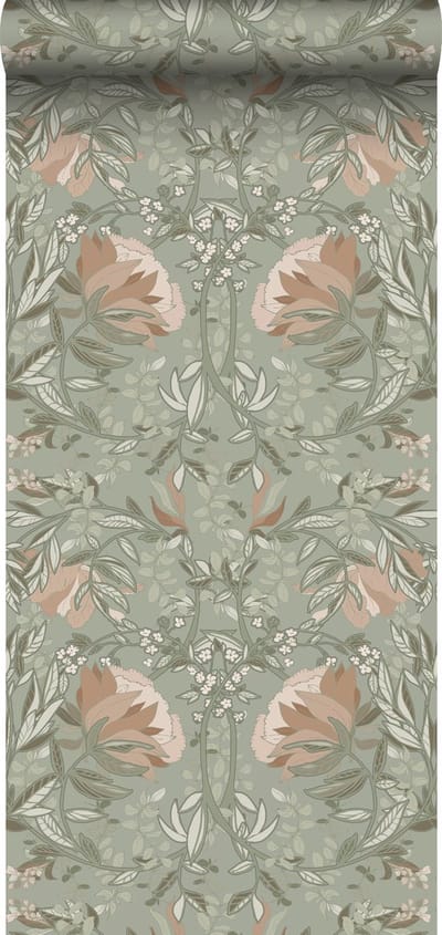ESTAhome behang vintage bloemen in art nouveau stijl vergrijsd groen en oudroze - 53 cm x 10.05 m - 139419