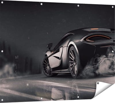 Gards Tuinposter Zwarte Sportwagen Auto nabij een Stad - 120x90 cm - Tuindoek - Tuindecoratie - Wanddecoratie buiten - Tuinschilderij