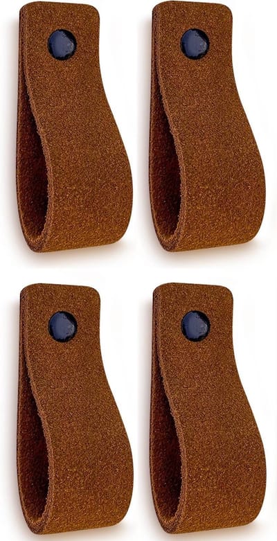 Leren handgrepen van zacht suede - Cognac - 4 stuks - 16,5 x 2,5 cm - incl. 3 kleuren schroeven - Handgrepen leer - Leren meubelgreep - Leren handvaten kast - Leren lus - Handgreep kast leer - Leren greepjes - Handvat leer - Leren deurgreep