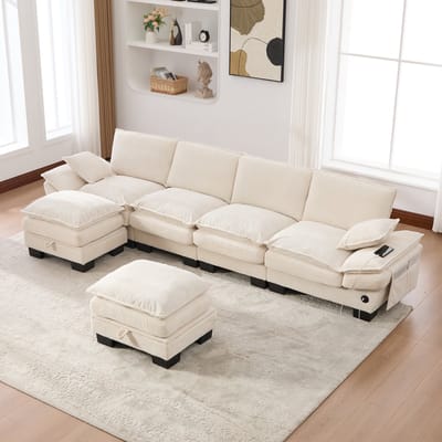 Intebiki U-vormige Cloud Sofa - Modulaire combinatiebank - Vierzitsbank met twee poefs - Moderne stijl - Met armleuningen en sierkussens - Chenille stof - Geschikt voor woonkamers - Beige