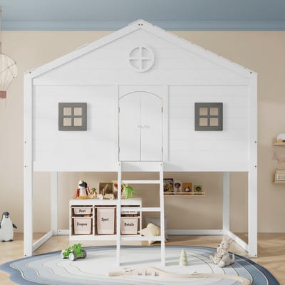VVBV Huisbed 90x200 cm met Voor Kinderen/Tieners, Huisdesign - Uitvalbeveiliging, Trap/Ladder - Massief Hout/MDF Grijs/Wit
