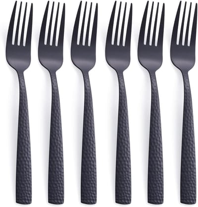 zwarte dinervorkenset van 6 stuks, 20 cm roestvrijstalen zwart bestek, metalen gehamerd, satijnen afwerking