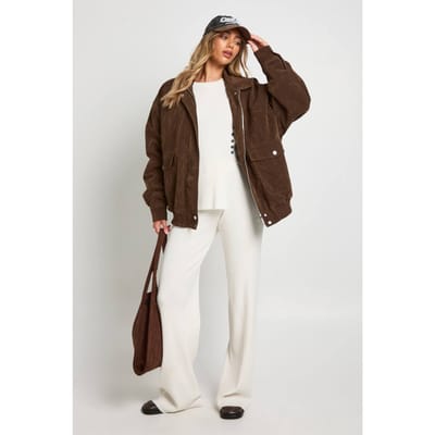 boohoo Dames Lange chunky rib trui met crewneck en knoopzoomdetail en rechte broek co-ord | Creme | Maat: Small