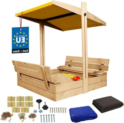 Houten Zandbak - Zandbak met Bankjes - Buiten Spelen - Met Gele Zonne- en Regenkap - 100 x 100 cm