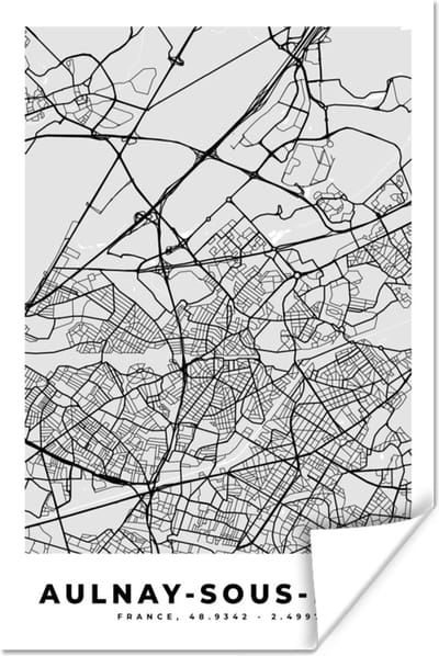 Poster Kaart - Stadskaart - Aulnay-sous-Bois - Plattegrond - Frankrijk - 120x180 cm XXL