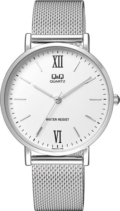 Q&Q QA20J211Y - Horloge - Analoog - Heren - Mannen - Milanese/Mesh band - Rond - Metaal - Romeinse cijfers/Streepjes - Zilverkleurig - Wit - 3ATM
