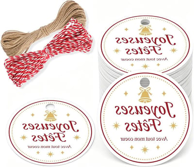 100 Stuks Gelukkige Feesttags: 5.5 cm Kerstcadeautags met Bel, Sterren en Touw voor Cadeauverpakking, Kerstboom en Winterdecoratie