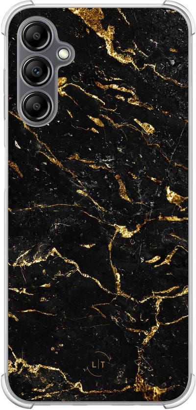 Shockproof hoesje - Geschikt voor Samsung Galaxy A14 5G - Marmer zwart goud - Extra sterke case - TPU/polycarbonaat - Marmer - Zwart, Goud, Transparant