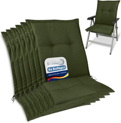 Beautissu HighLux NL – Set van 6 Tuinkussen Lage Rug Kussen 105x50x7cm – Outdoor Zitkussen voor Tuinstoel Donker Groen