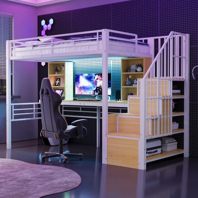 Hoogslaper - 90x200 cm - met Bureau en LED Verlichting - inclusief Stopcontact - Metaal - Wit