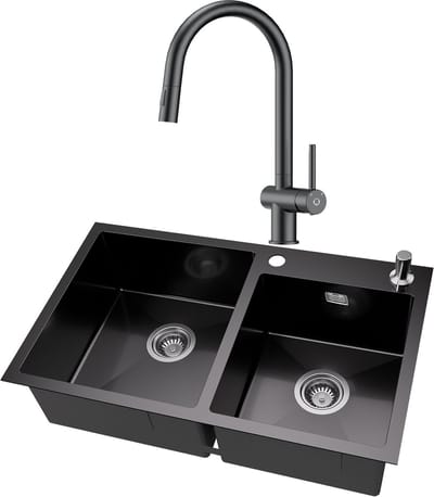 Auralum MAX Spoelbak Keuken 75x45cm Antraciet - Dubbele Spoelbakken MetKeuken kraan - Wasbak Keuken Met zeepdispenser 300ml - Met Waterafvoersysteem en Afdruiprek