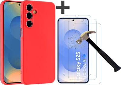 Hoesje geschikt voor Samsung Galaxy S25 hoesje zacht siliconen met 3 Stuks gehard glas Screenprotectors- Arara backcover - Rood