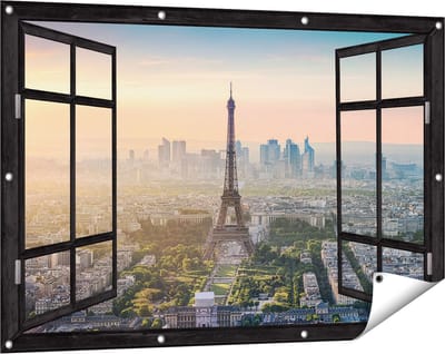 Gards Tuinposter Doorkijk Skyline van Parijs met de Eiffeltoren - 120x80 cm - Tuindoek - Tuindecoratie - Wanddecoratie buiten - Tuinschilderij
