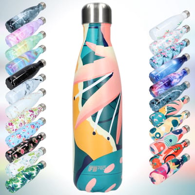 FBFS146, Thermosfles, Drinkfles, Waterfles - Modern & Slank Design - Thermos Fles voor de Warme en Koude Dagen - Dubbelwandig - Robuuste Thermoskan - 500ml - Pink Leafs - Roze Bladeren