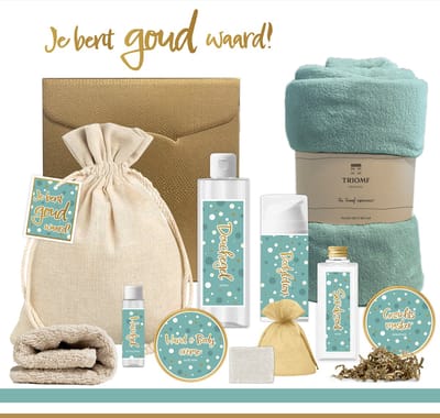 Geschenkset “Je bent goud waard!” - 10 producten - 1400 gram | Cadeau Vrouw - Wellness Giftset Vrouw - Cadeaupakket Speciaal voor jou - Cadeau Pakket Bedankt - Verjaardag Vriendin Moeder Collega - Gift Set Kerst Kerstpakket Goud Turquoise