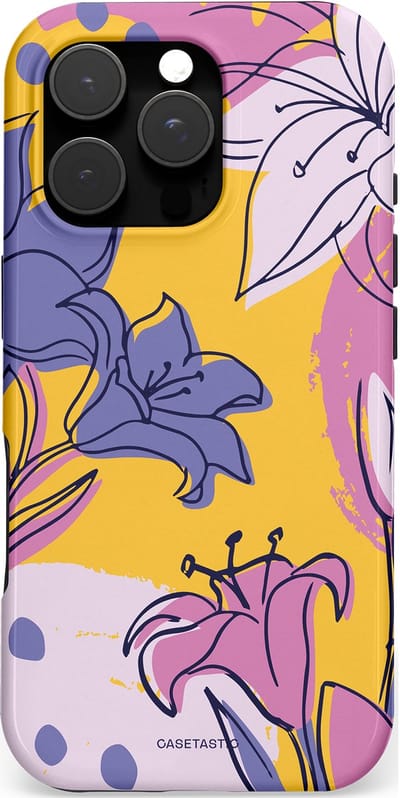 Casetastic hoesje geschikt voor Apple iPhone 16 Pro - MagSafe - Dubbellaagse bescherming - Paarse Lelie Kunst - Fashion Case - Lila Goud Lichtgrijs