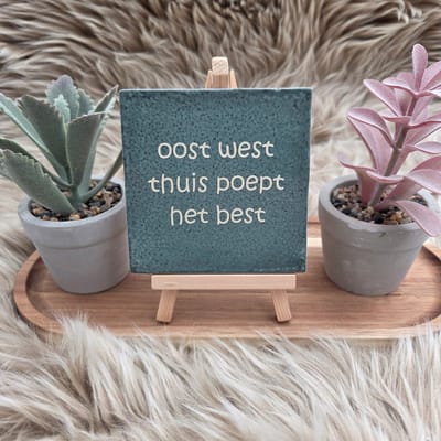 Robuust wenstegeltje “oost west thuis poept het best” – Humoristische Wanddecoratie & Cadeau – Cadeau vrienden,zomaar – Humor tegeltje - Grappige tekst tegel – WC decoratie humor – Decoratief Tegeltje met Standaard – Cadeau Idee