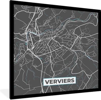Fotolijst incl. Poster - België – Verviers – Stadskaart – Kaart – Blauw – Plattegrond - 40x40 cm - Posterlijst