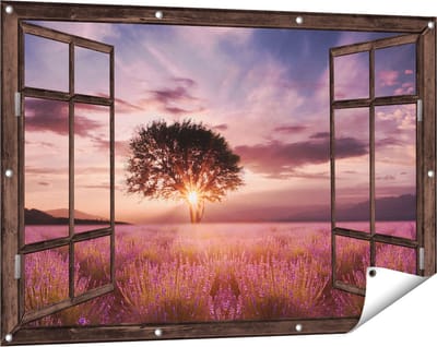 Gards Tuinposter Doorkijk Bloemenveld met Lavendel bij Zonsondergang - 120x80 cm - Tuindoek - Tuindecoratie - Wanddecoratie buiten - Tuinschilderij