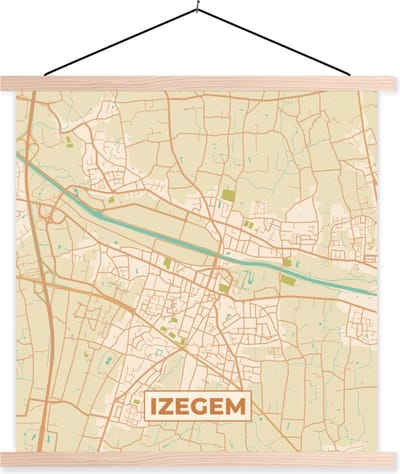 Posterhanger incl. Poster 40x40 cm - Schoolplaat - België - Kaart - Stadskaart - Plattegrond - Izegem - Textielposter - Blanke latten - Stadskaart