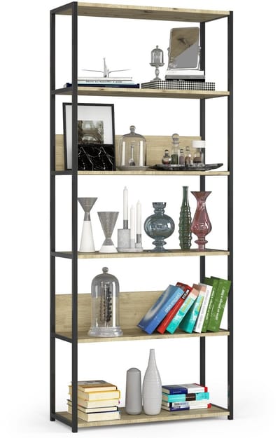 Open Boekenkast, Ladderkast, Industrieel Design / Vakkenkast met 6 Planken / Opbergplank / Boekenrek Opslagrek / Zwart - Artisan Eik / 80 x 192 x 32 cm