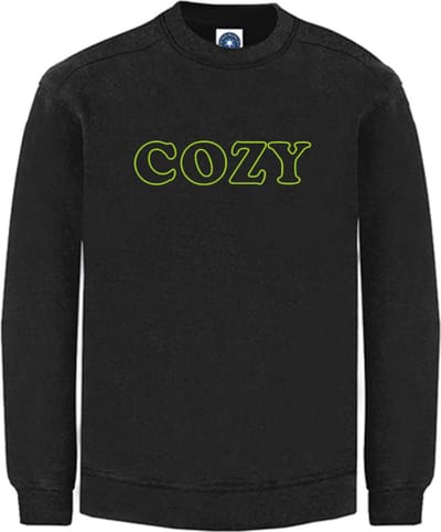 Huissweater - Huistrui - Sweater - Zwart - NEON GROEN tekst COZY - ruimzittend - LARGE Design by Eizook