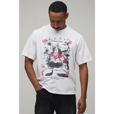 Oversized Boxy Grunge Print Dirty Washed T-shirt | White | Size Small
