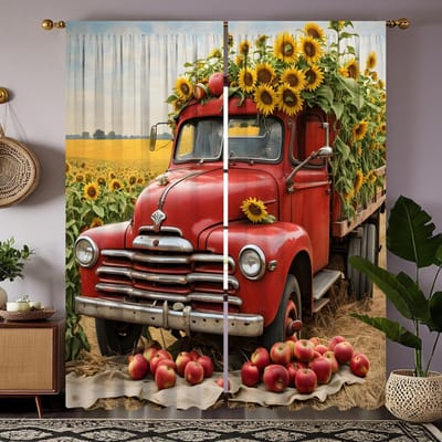 2 stuks HD Oogstfeest Zonnebloemtuin vrachtwagen fruit decoratief gordijn Geel lint digitaal bedrukt gordijn Huisdecoratie s W52H63inchW132H160cm black