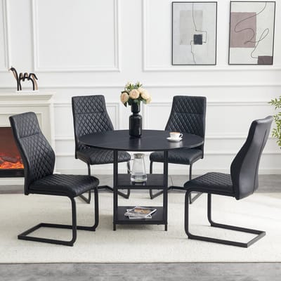 Set Tafel En Stoelen - Ronde Eettafel Met Dubbele Opbergplank En 4 Eetkamerstoelen - Voor Eetkamer Of Keuken - Hout Metaal Zwart