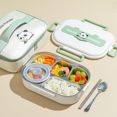 Boîte à déjeuner Panda à compartiments en acier inoxydable 304 isolée Boîte Bento pour étudiant Portable Hermétique Récipients alimentaires pour employé de bureau gray