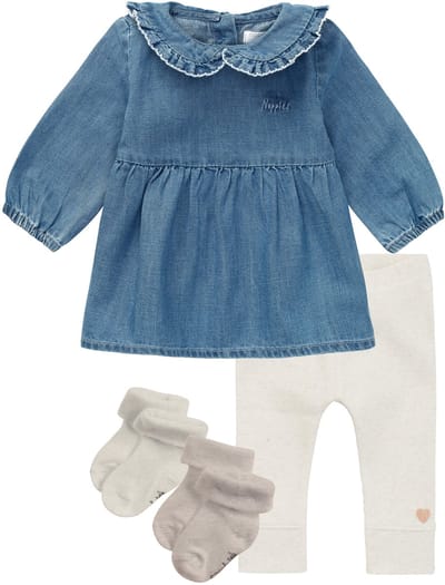 Noppies - Kledingset- 4 delig - Jurk Acariqua Medium Wash - Legging San Diego oatmeal - 2 paar sokjes - Maat 80
