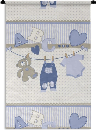 Wandkleed - Wanddoek - Baby kleren - Waslijn - Teddybeer - Patroon - 60x90 cm - Wandtapijt