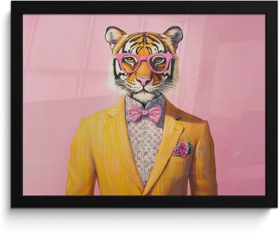 Poster in lijst - Fotolijst 40x30 cm - Posters - Tijger - Bril - Geel - Jasje - Posterlijst zwart - Decoratie - Wanddecoratie woonkamer - Muurdecoratie slaapkamer