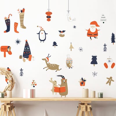 Kerststickers van de Kerstman en zijn dieren - zelfklevende kerststickers - feestdecoraties - 110x115cm