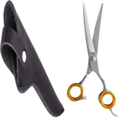 Professor Q – Professionele Up Gebogen Hondenschaar – Oranje – 7.5 Inch (19,5 cm) – Voor Langharige Honden – Inclusief Luxe Lederen Etui – 16,5 cm – Zwart