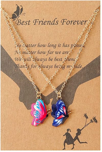 BFF Ketting voor 2 met Blauwe & Roze Vlinders - Goudkleurig - Vriendschapsketting met Cadeau kaartje - Pax Amare