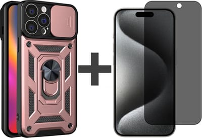 Hoesje met Privacy screenprotector Geschikt voor iPhone 15 Pro Max met Ringhouder en Camera schuifje - Arara backcover - Rosegoud