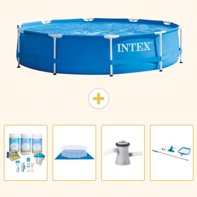 Intex Rond Frame Zwembad - 305 x 76 cm - Blauw - Inclusief Onderhoudspakket - Grondzeil - Zwembadfilterpomp - Schoonmaakset - 5-delig